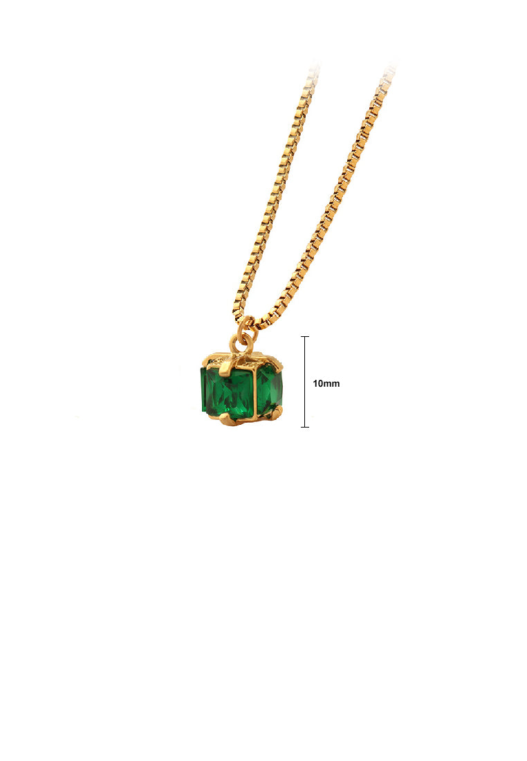 Fashion Elegant Plated Gold 316L Stainless Steel Geometric Square Green Cubic Zirconia Pendant with Necklace - Luxurious Look