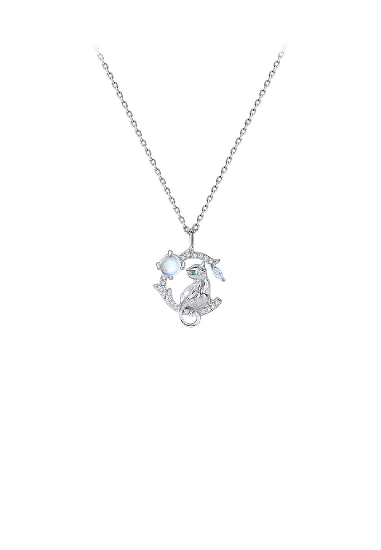 925 Sterling Silver Fashion Simple Moon Cat Moonstone Pendant with Cubic Zirconia and Necklace - Luxurious Look