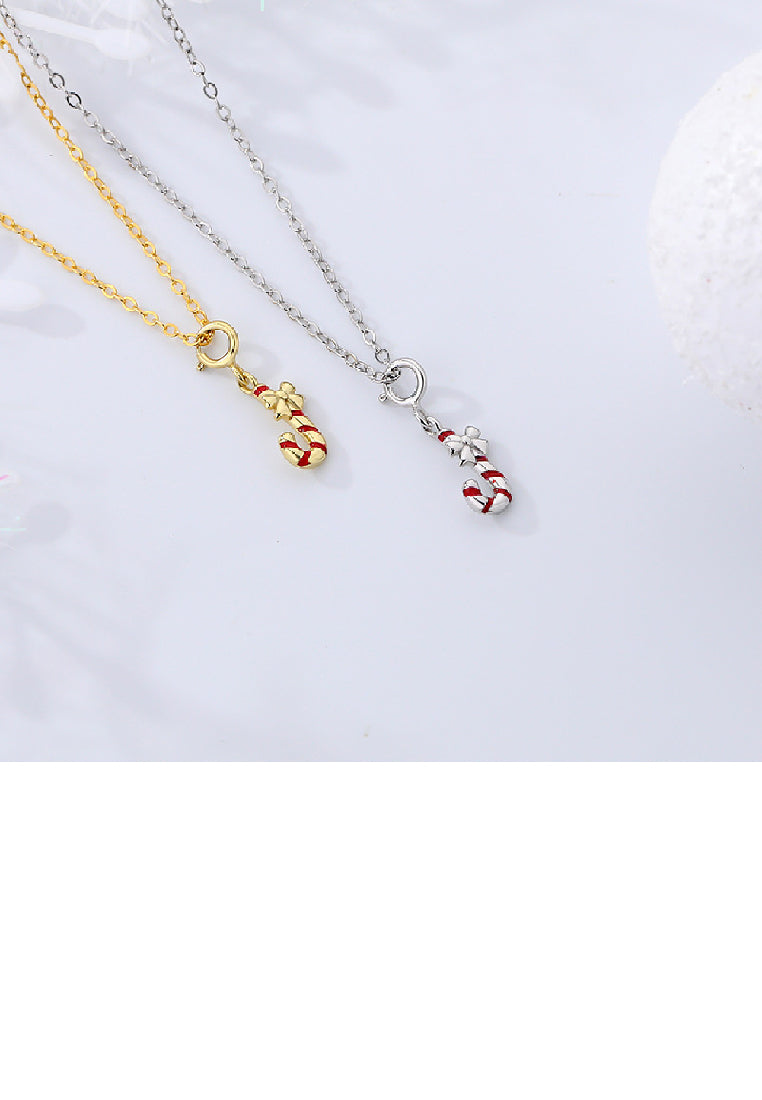 925 Sterling Silver Simple Cute Christmas Candy Cane Pendant with Necklace