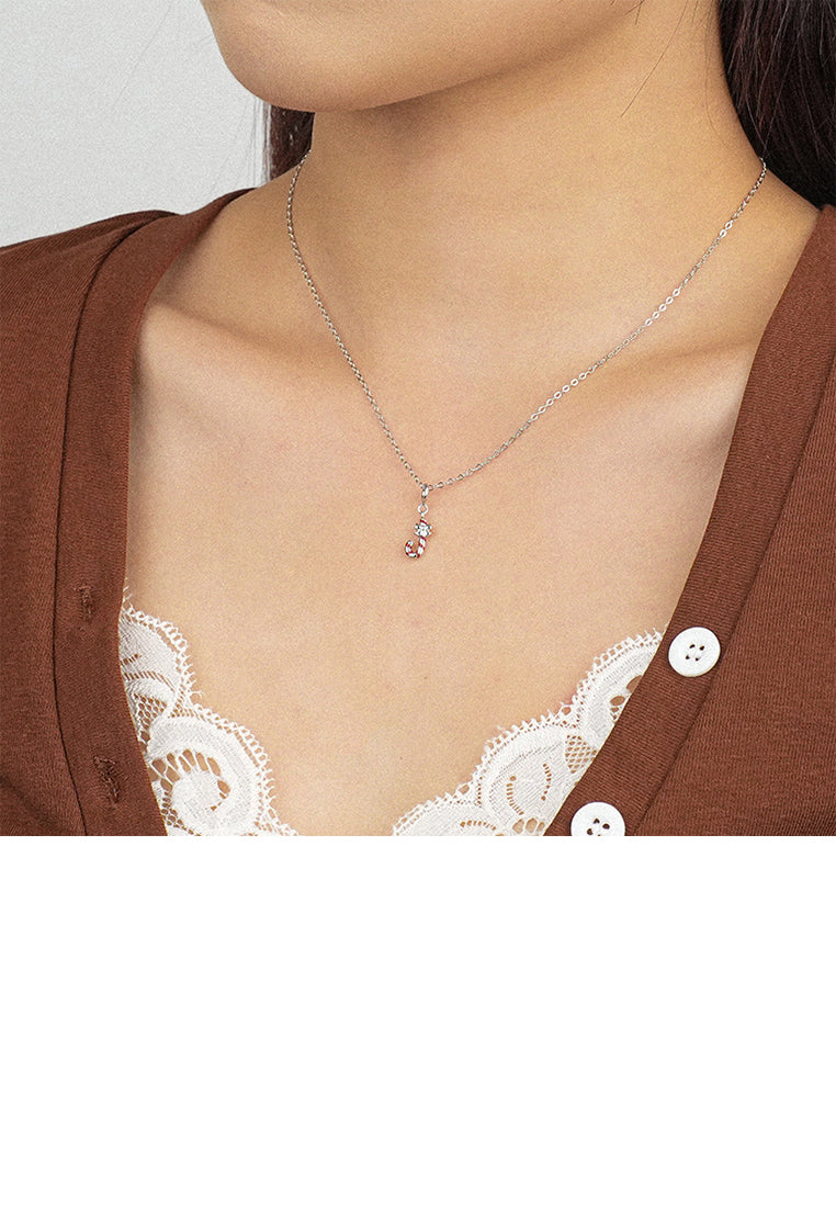 925 Sterling Silver Simple Cute Christmas Candy Cane Pendant with Necklace