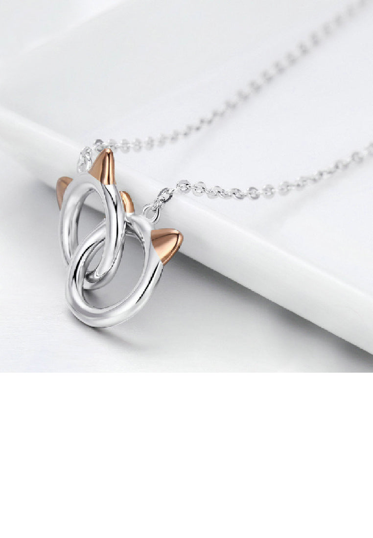 925 Sterling Silver Simple Cute Double Cat Pendant with Necklace
