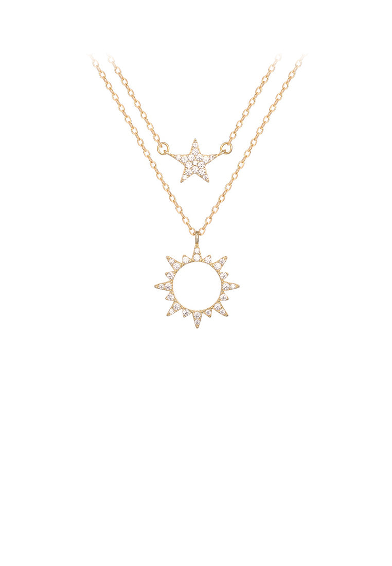 925 Sterling Silver Plated Gold Fashion Creative Sun Star Double Layer Pendant with Cubic Zirconia and Necklace - Luxurious Look