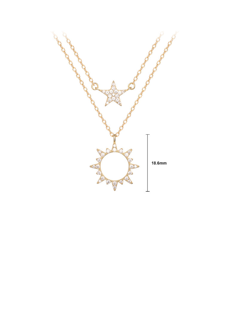 925 Sterling Silver Plated Gold Fashion Creative Sun Star Double Layer Pendant with Cubic Zirconia and Necklace - Luxurious Look