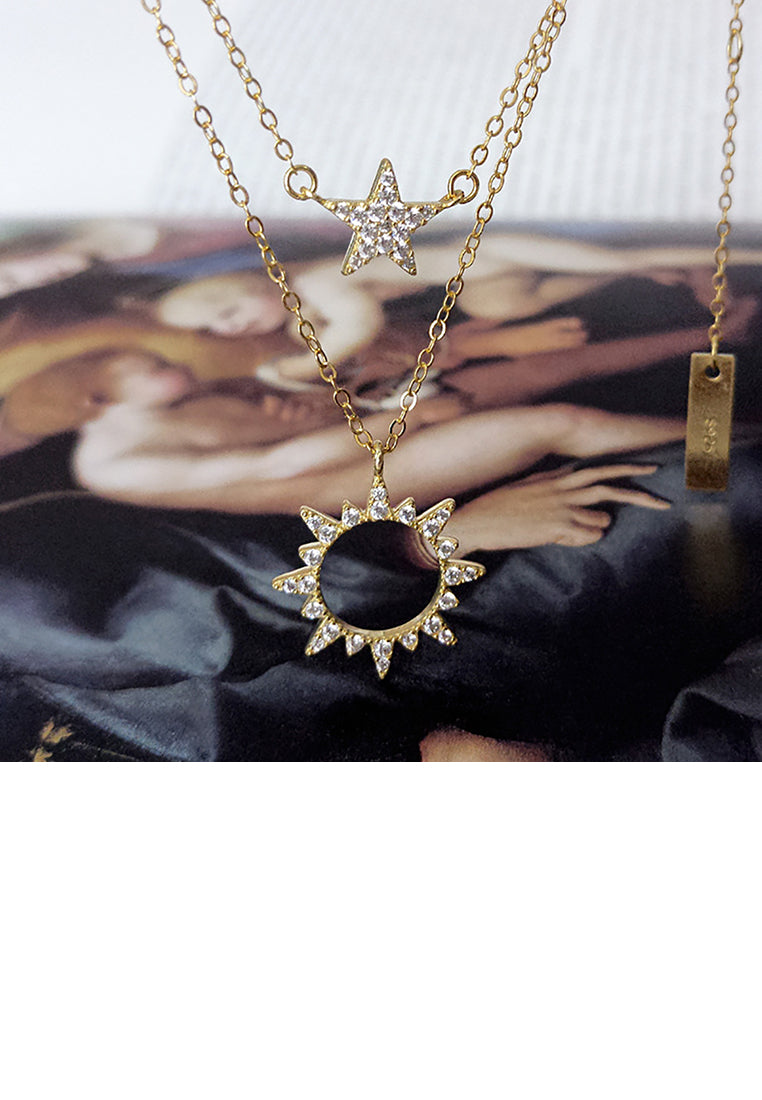 925 Sterling Silver Plated Gold Fashion Creative Sun Star Double Layer Pendant with Cubic Zirconia and Necklace - Luxurious Look