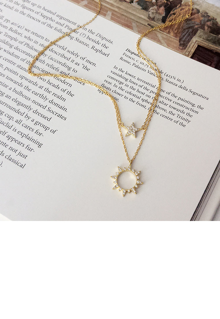 925 Sterling Silver Plated Gold Fashion Creative Sun Star Double Layer Pendant with Cubic Zirconia and Necklace - Luxurious Look