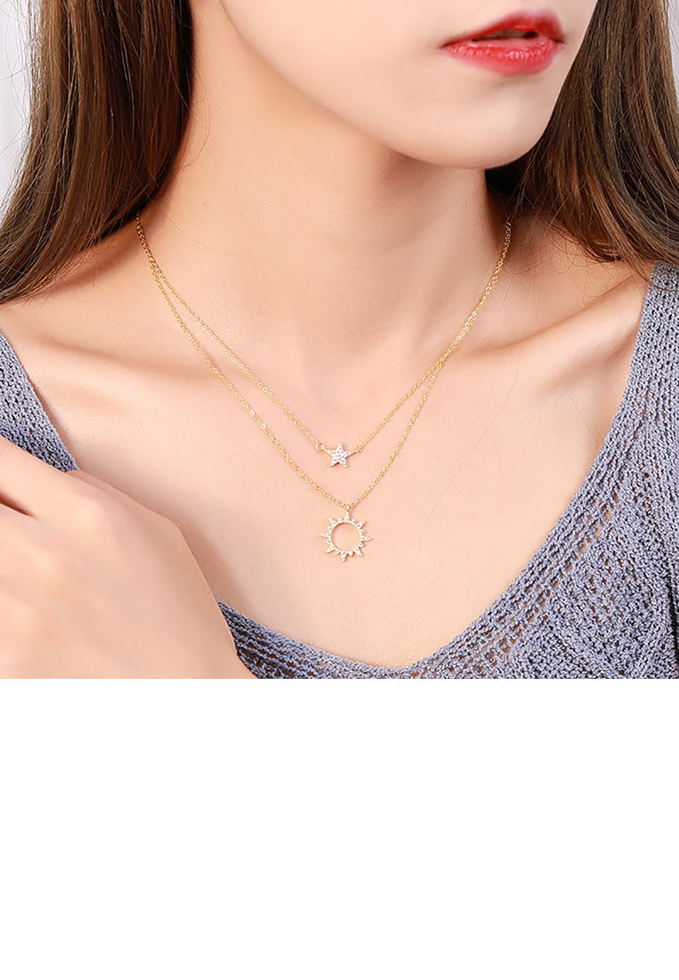 925 Sterling Silver Plated Gold Fashion Creative Sun Star Double Layer Pendant with Cubic Zirconia and Necklace - Luxurious Look