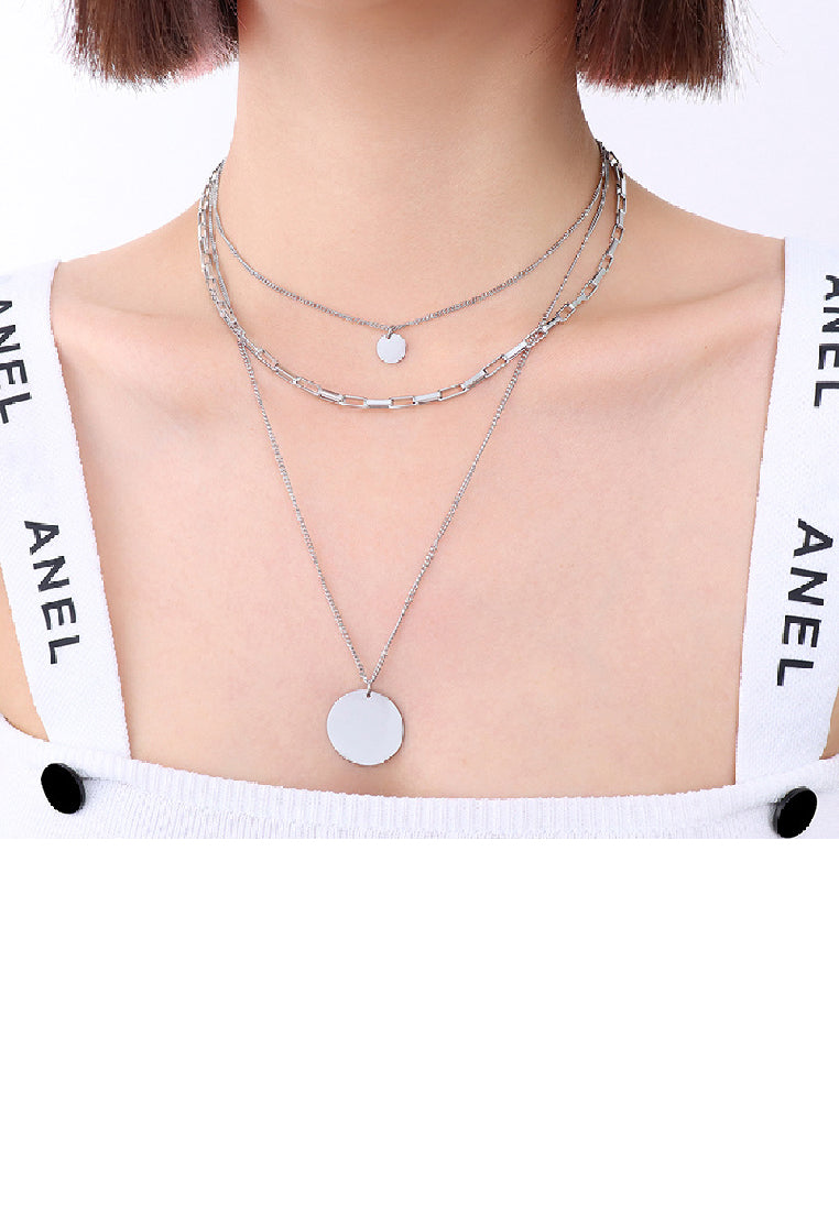Fashion Temperament 316L Stainless Steel Geometric Round Pendant with Three Layer Necklace