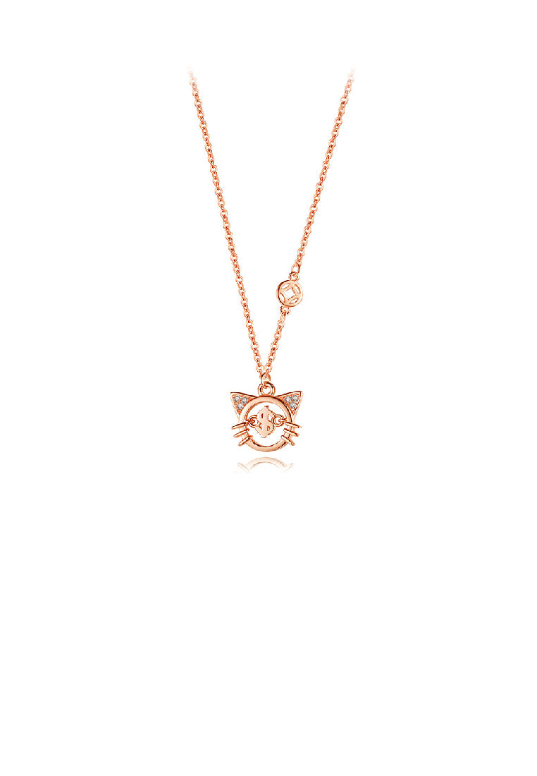925 Sterling Silver Plated Rose Gold Cute Fashion Lucky Cat Pendant with Cubic Zirconia and Necklace - Luxurious Look