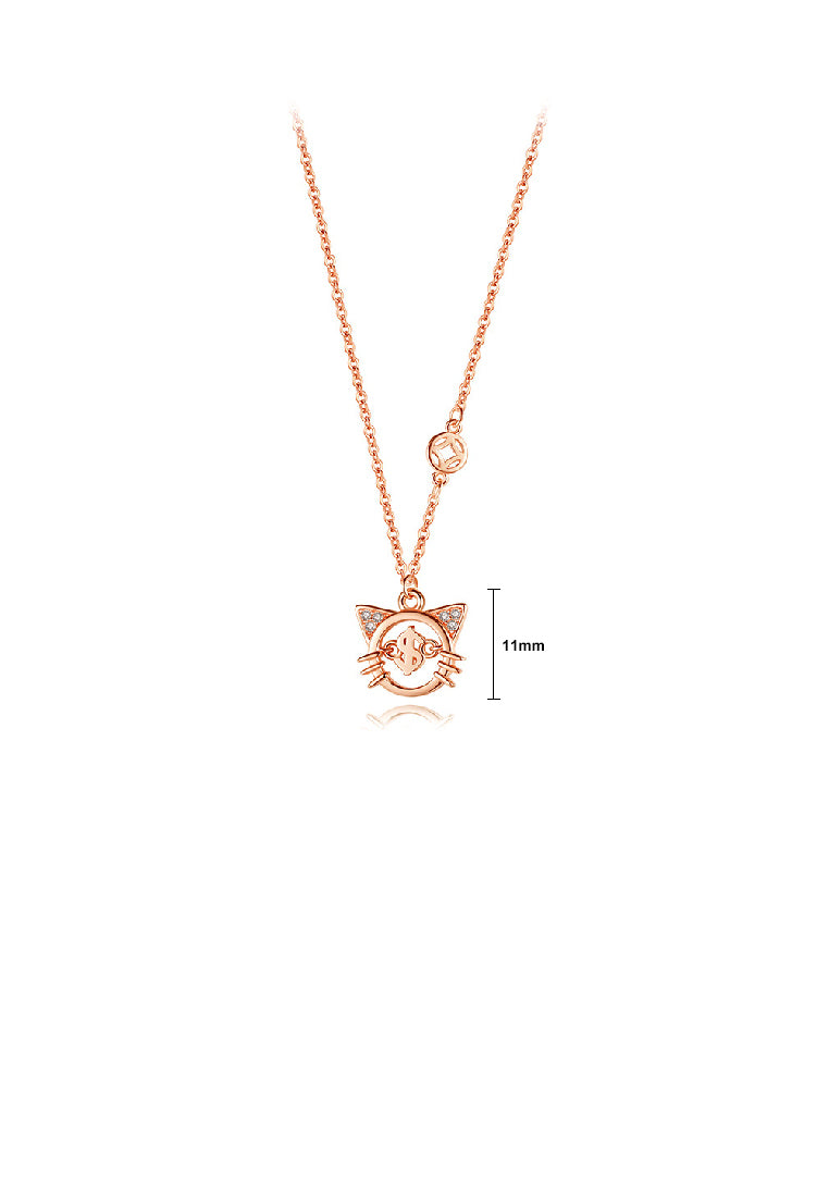 925 Sterling Silver Plated Rose Gold Cute Fashion Lucky Cat Pendant with Cubic Zirconia and Necklace - Luxurious Look