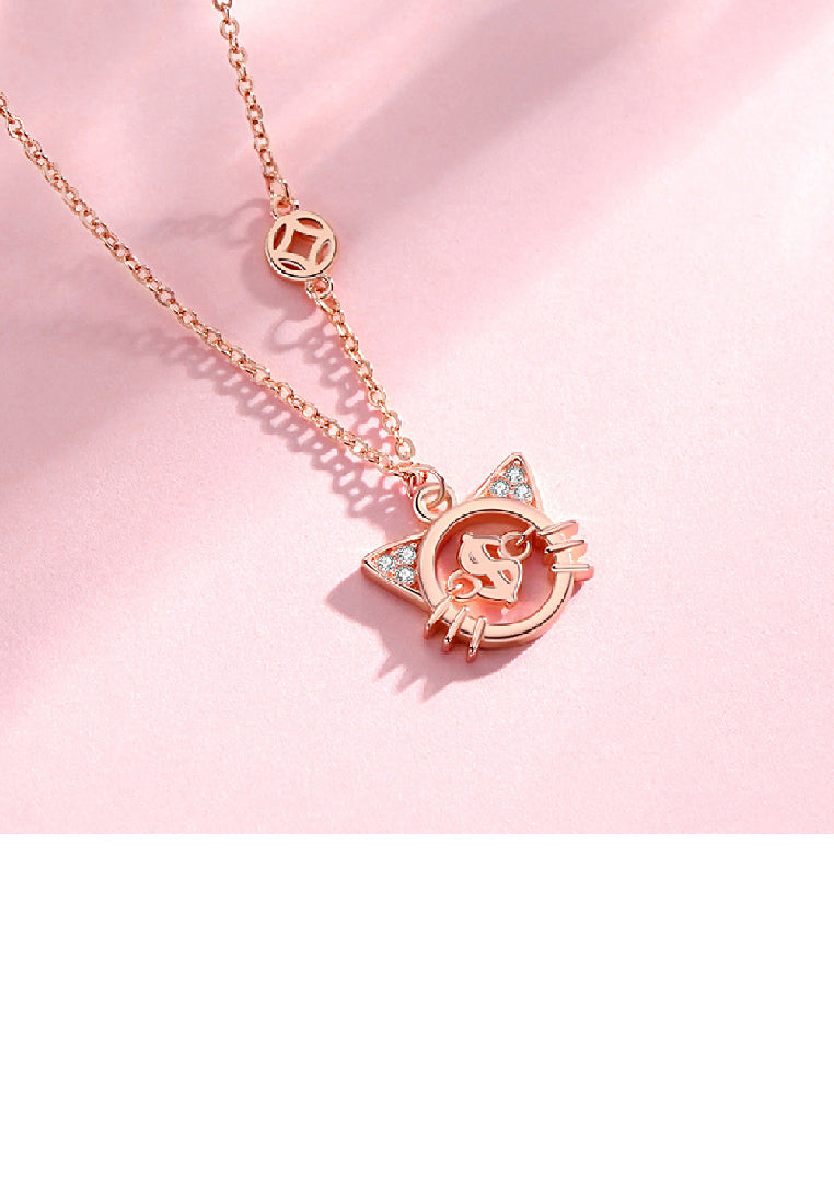 925 Sterling Silver Plated Rose Gold Cute Fashion Lucky Cat Pendant with Cubic Zirconia and Necklace - Luxurious Look