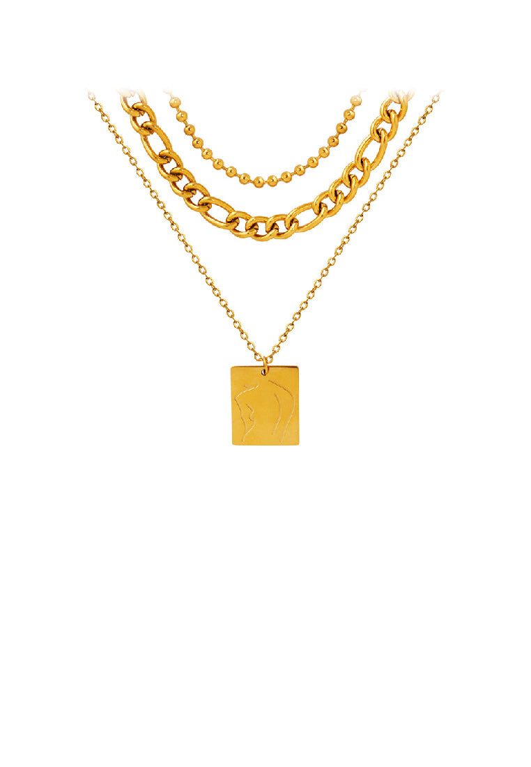 Fashion Temperament Plated Gold 316L Stainless Steel Figure Line Geometric Square Pendant with Three-layer Necklace