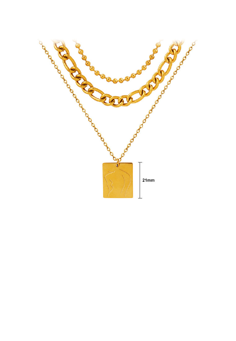 Fashion Temperament Plated Gold 316L Stainless Steel Figure Line Geometric Square Pendant with Three-layer Necklace