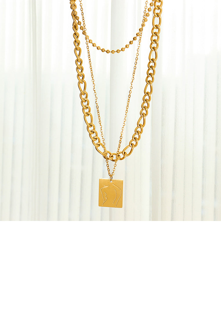 Fashion Temperament Plated Gold 316L Stainless Steel Figure Line Geometric Square Pendant with Three-layer Necklace
