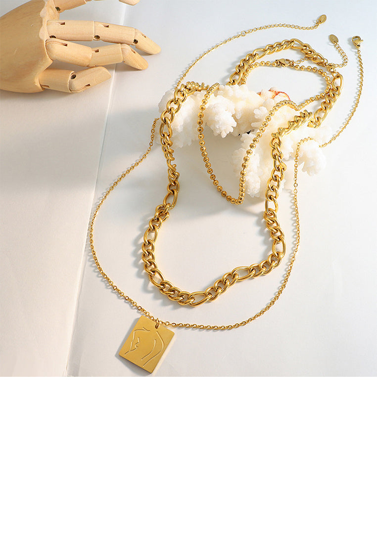 Fashion Temperament Plated Gold 316L Stainless Steel Figure Line Geometric Square Pendant with Three-layer Necklace