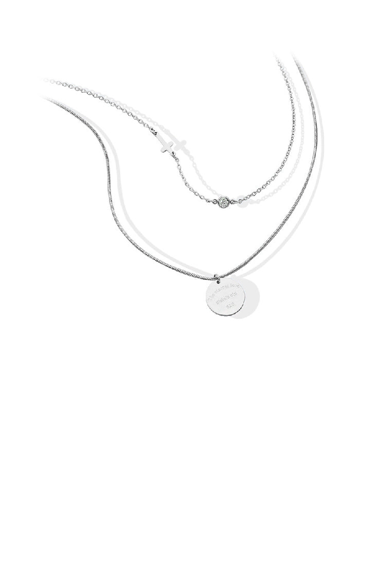 Simple Fashion 316L Stainless Steel Geometric Round Cross Pendant with Cubic Zirconia and Double Layer Necklace - Luxurious Look