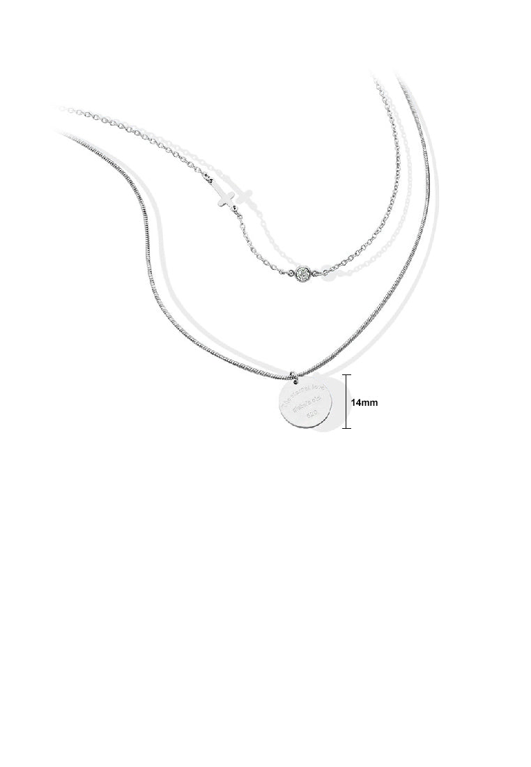 Simple Fashion 316L Stainless Steel Geometric Round Cross Pendant with Cubic Zirconia and Double Layer Necklace - Luxurious Look