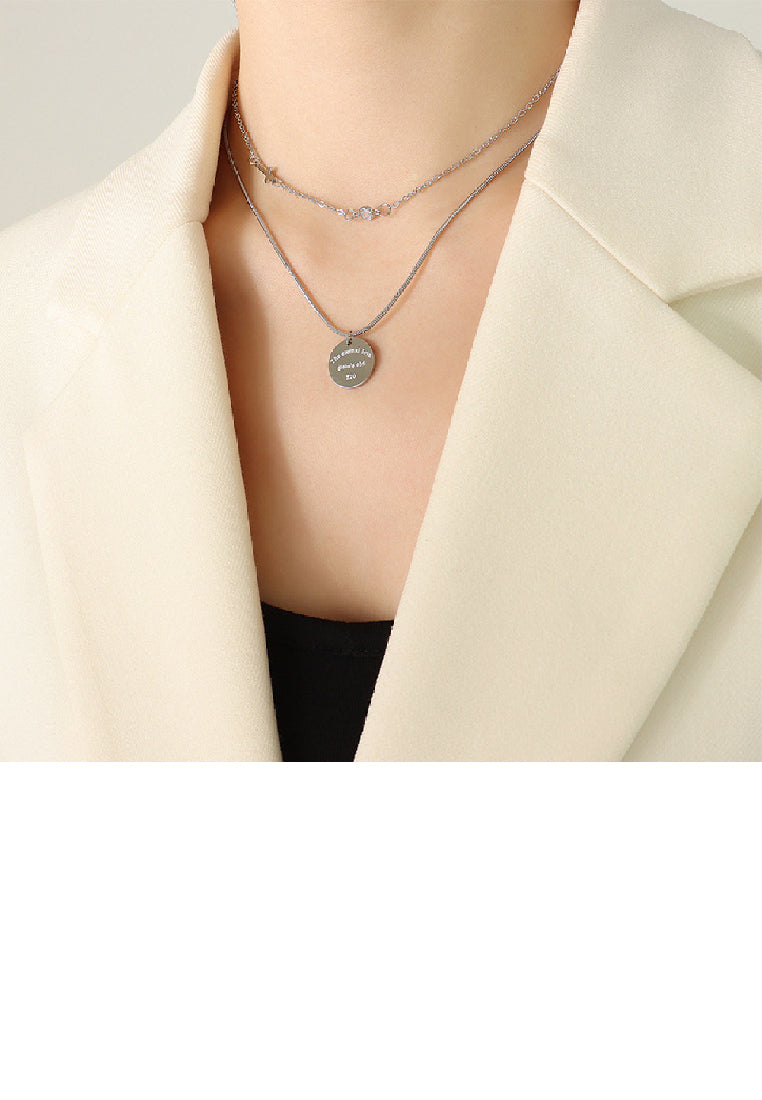 Simple Fashion 316L Stainless Steel Geometric Round Cross Pendant with Cubic Zirconia and Double Layer Necklace - Luxurious Look