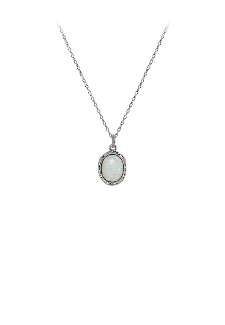925 Sterling Silver Fashion Simple Geometric Oval Imitation Opal Pendant with Necklace