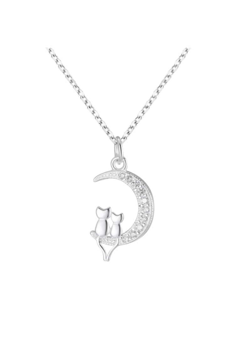 925 Sterling Silver Fashion Cute Double Cat Moon Pendant with Cubic Zirconia and Necklace - Luxurious Look