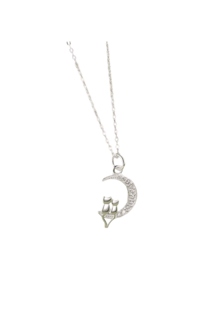 925 Sterling Silver Fashion Cute Double Cat Moon Pendant with Cubic Zirconia and Necklace - Luxurious Look