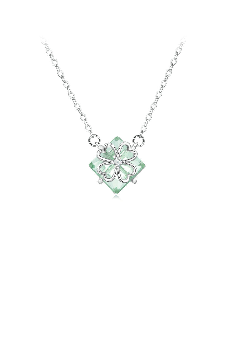 925 Sterling Silver Fashion Temperament Four-leafed Clover Square Green Cubic Zirconia Pendant with Necklace - Luxurious Look