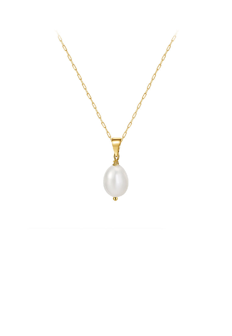925 Sterling Silver Plated Gold Simple Fashion Geometric Freshwater Pearl Pendant with Necklace - Luxurious Look
