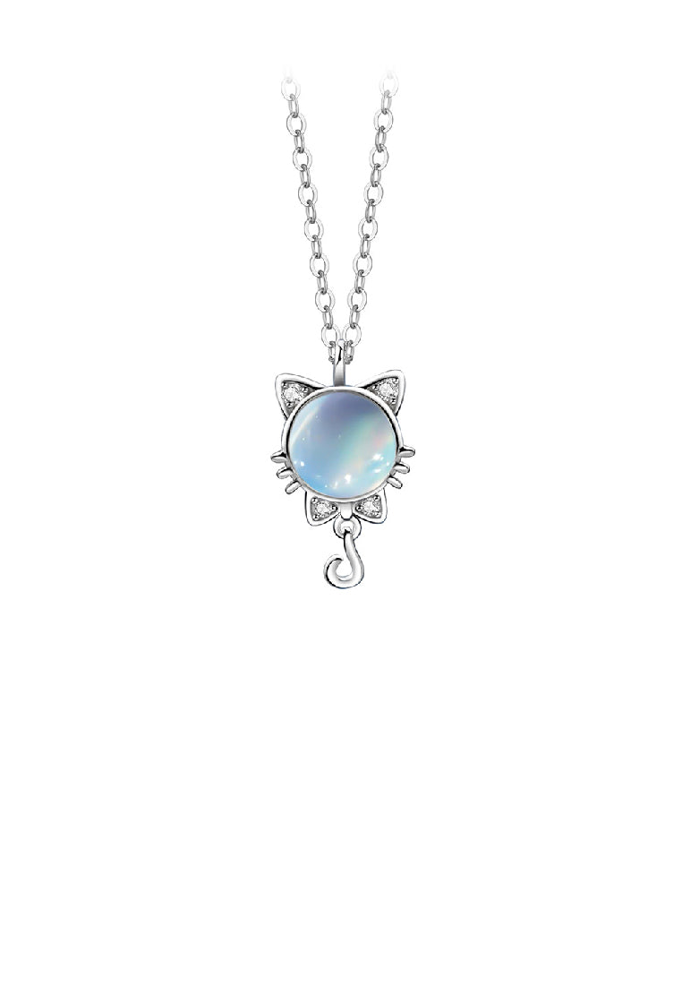 925 Sterling Silver Fashion Cute Cat Moonstone Pendant with Cubic Zirconia and Necklace - Luxurious Look