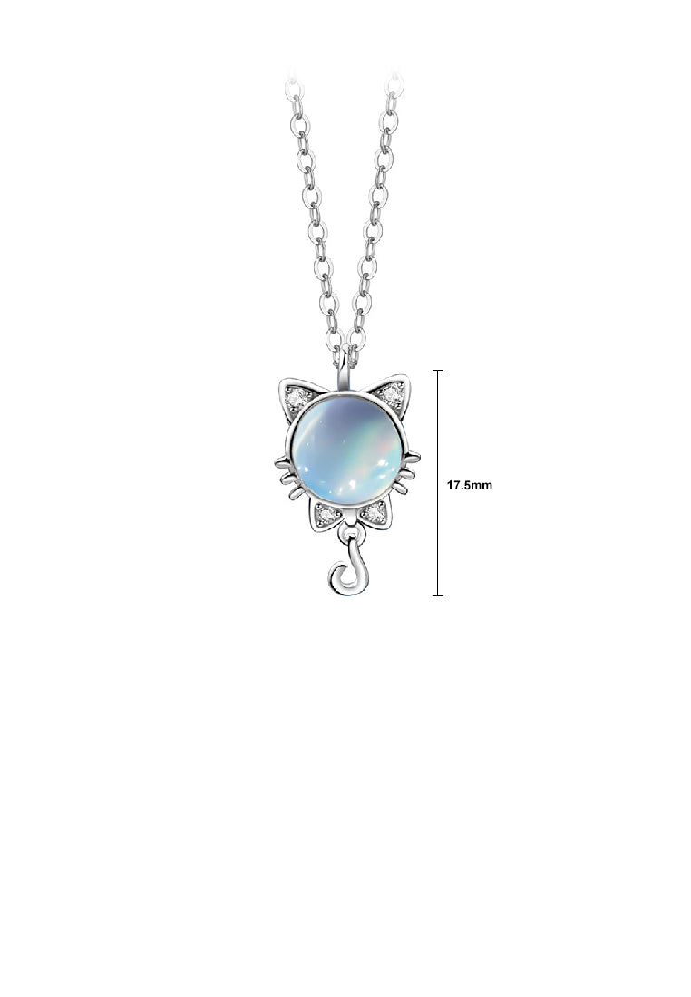 925 Sterling Silver Fashion Cute Cat Moonstone Pendant with Cubic Zirconia and Necklace - Luxurious Look
