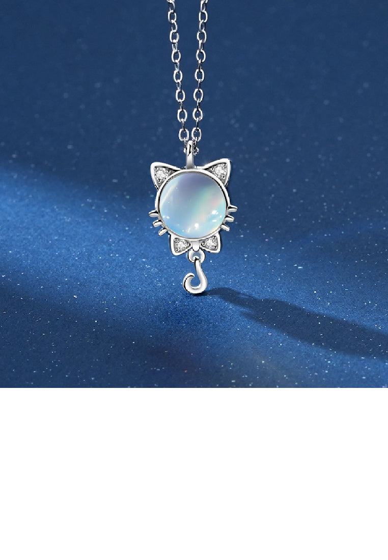 925 Sterling Silver Fashion Cute Cat Moonstone Pendant with Cubic Zirconia and Necklace - Luxurious Look