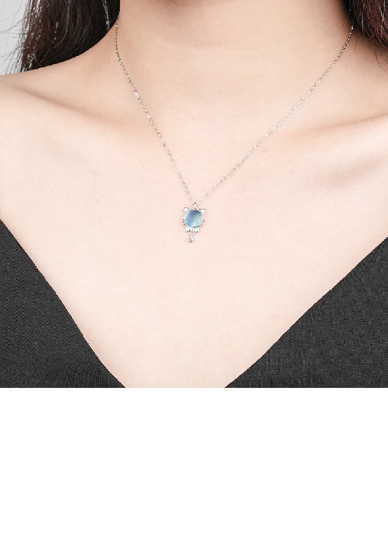 925 Sterling Silver Fashion Cute Cat Moonstone Pendant with Cubic Zirconia and Necklace - Luxurious Look