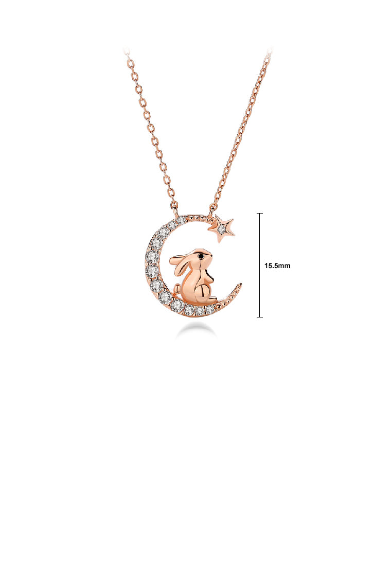 925 Sterling Silver Plated Rose Gold Fashion Cute Rabbit Moon Pendant with Cubic Zirconia and Necklace - Luxurious Look