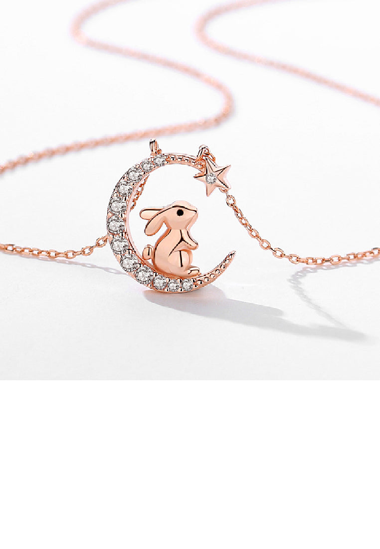 925 Sterling Silver Plated Rose Gold Fashion Cute Rabbit Moon Pendant with Cubic Zirconia and Necklace - Luxurious Look