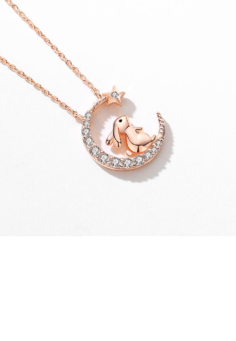 925 Sterling Silver Plated Rose Gold Fashion Cute Rabbit Moon Pendant with Cubic Zirconia and Necklace - Luxurious Look