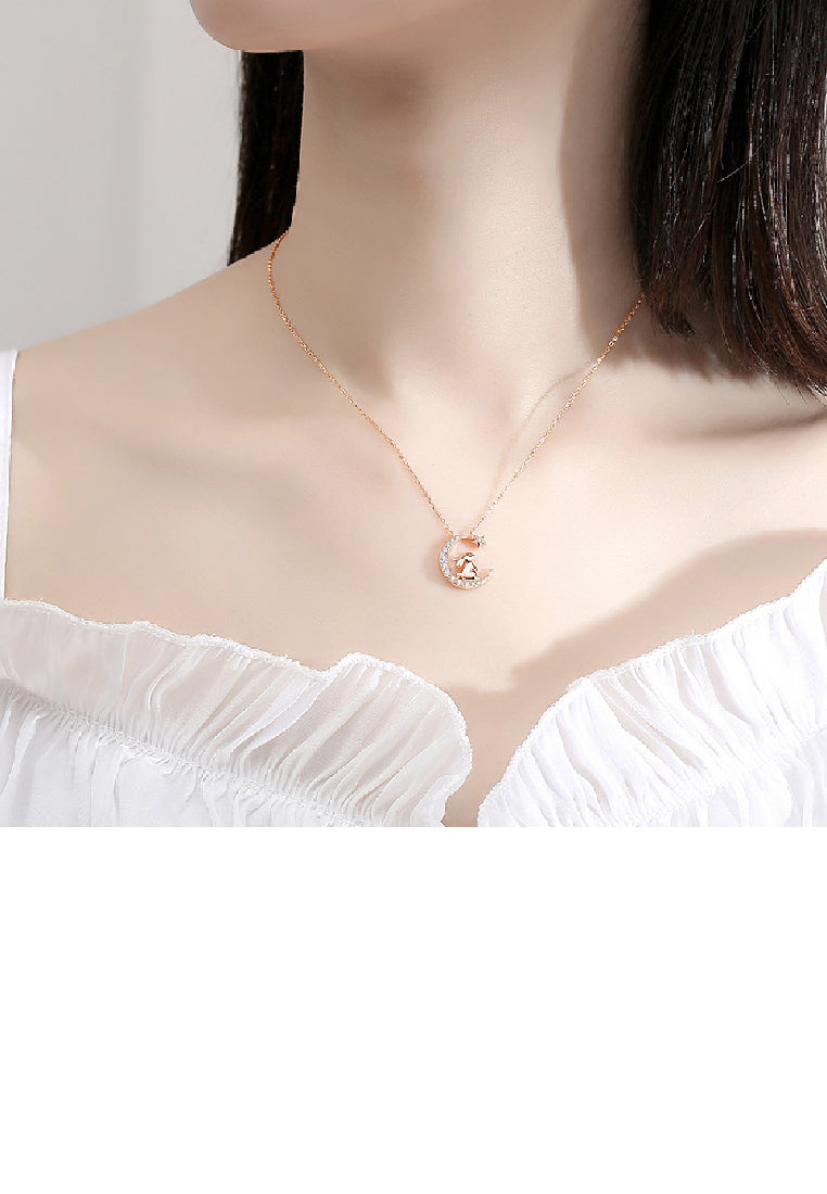 925 Sterling Silver Plated Rose Gold Fashion Cute Rabbit Moon Pendant with Cubic Zirconia and Necklace - Luxurious Look