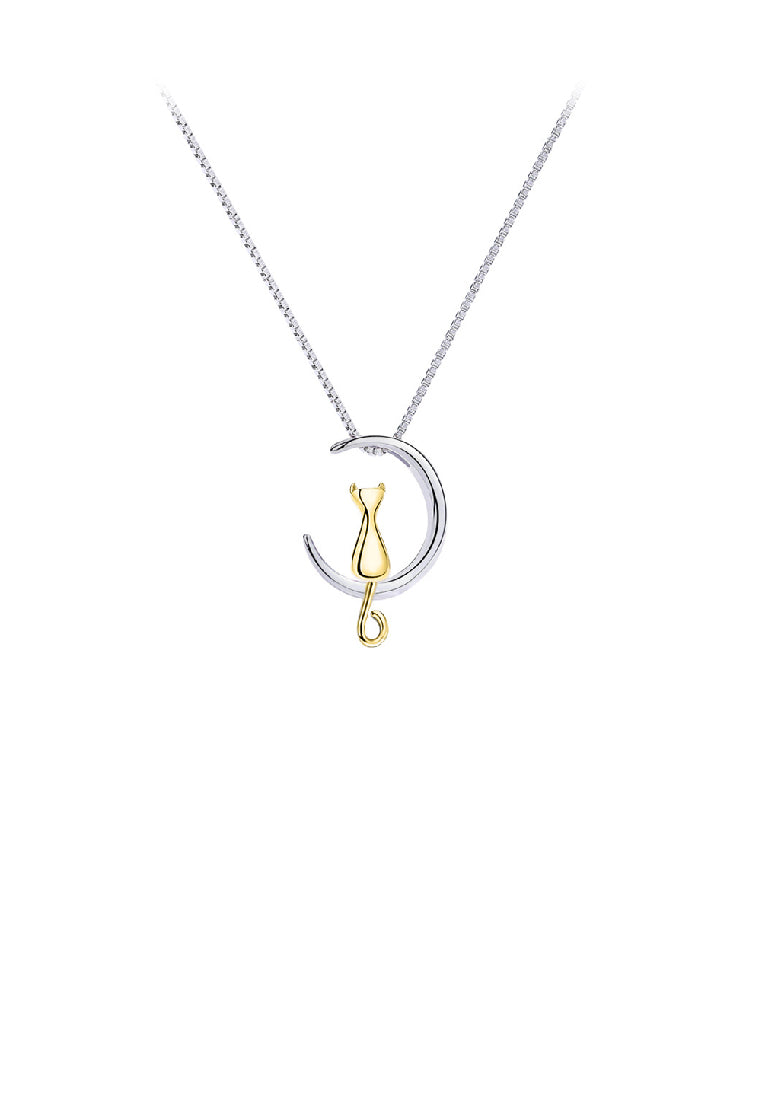 925 Sterling Silver Simple Cute Moon Gold Cat Pendant with Necklace
