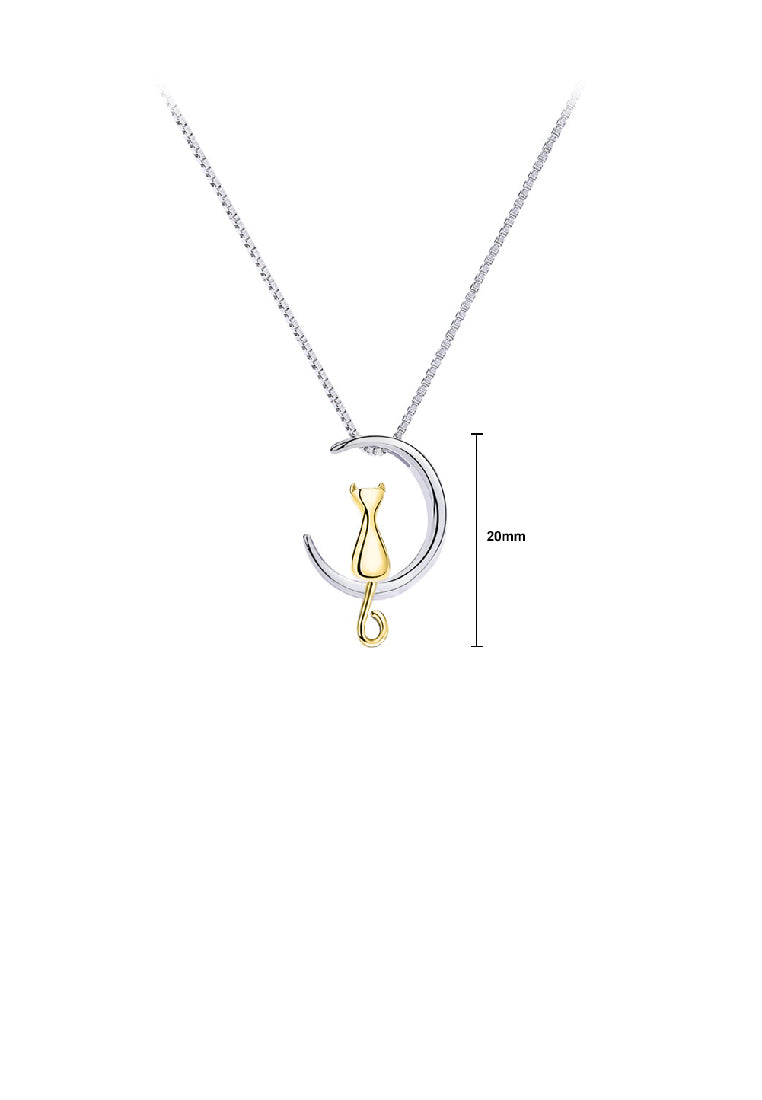925 Sterling Silver Simple Cute Moon Gold Cat Pendant with Necklace