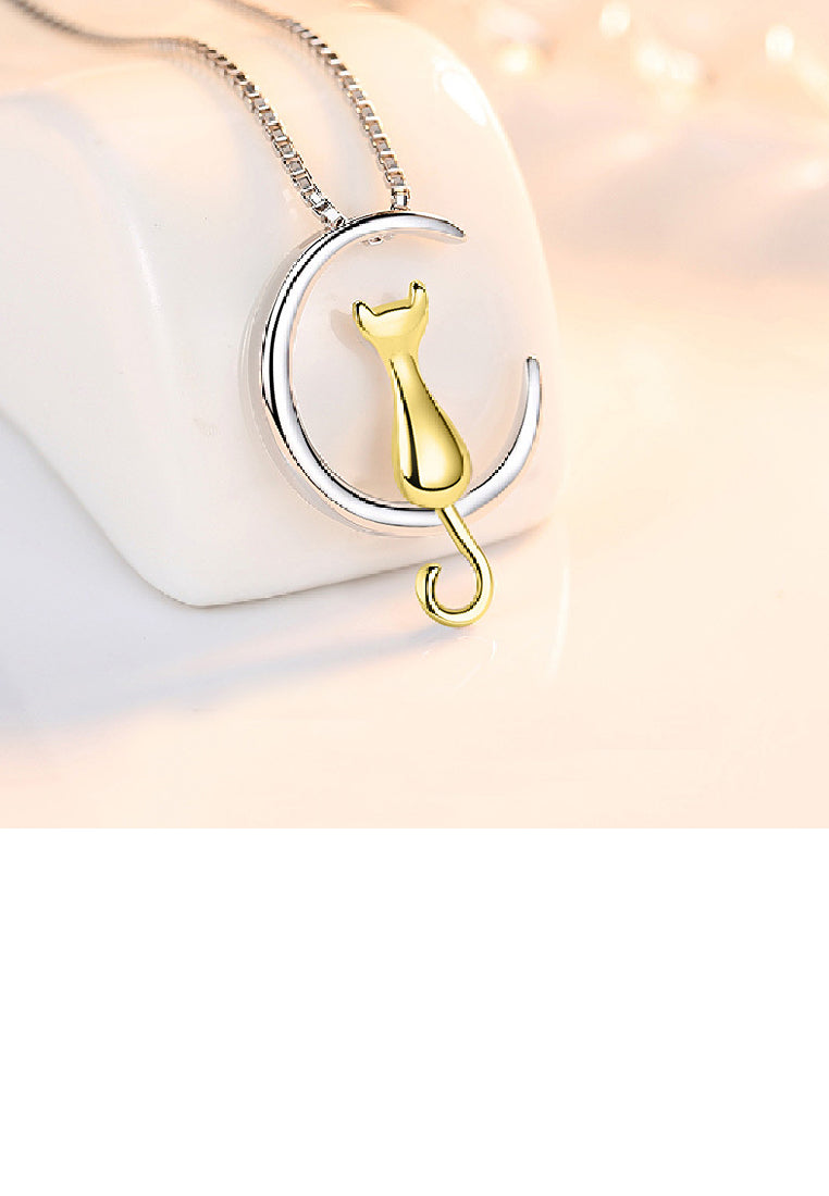 925 Sterling Silver Simple Cute Moon Gold Cat Pendant with Necklace