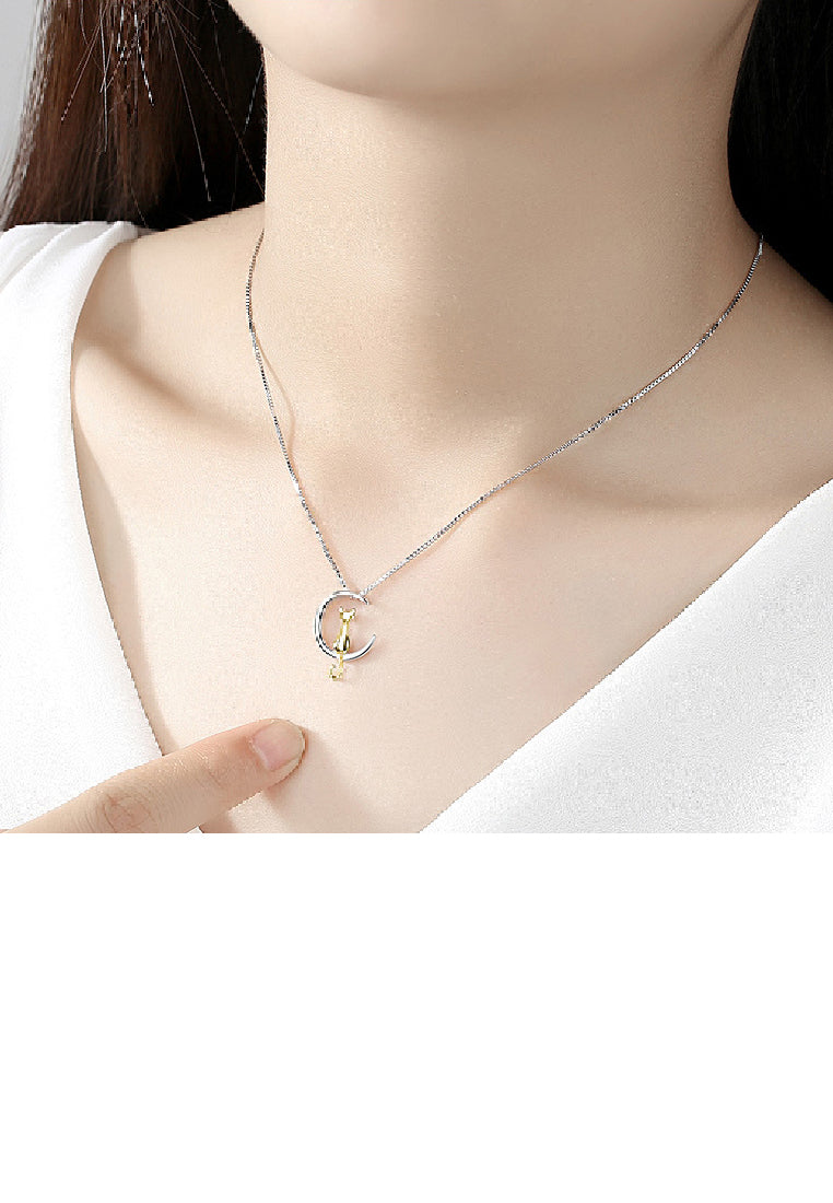 925 Sterling Silver Simple Cute Moon Gold Cat Pendant with Necklace