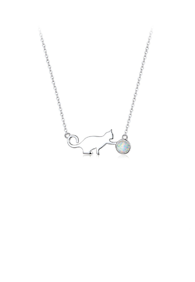 925 Sterling Silver Fashion Simple Cat Opal Pendant with Necklace