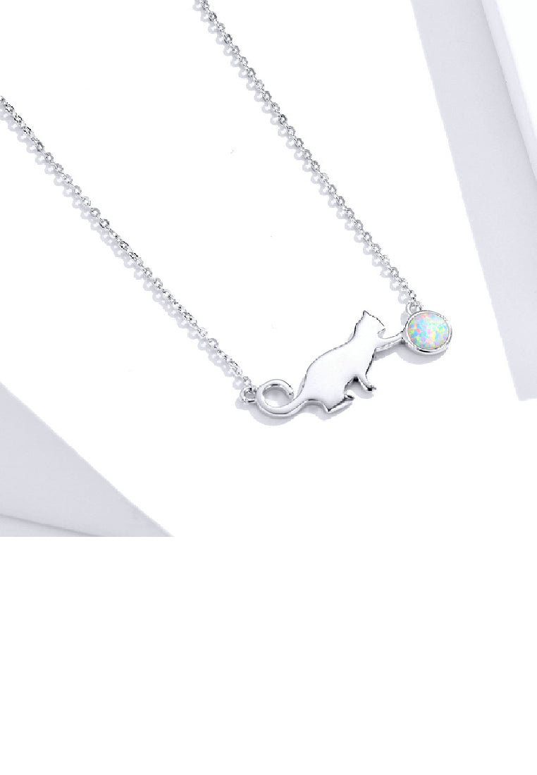 925 Sterling Silver Fashion Simple Cat Opal Pendant with Necklace