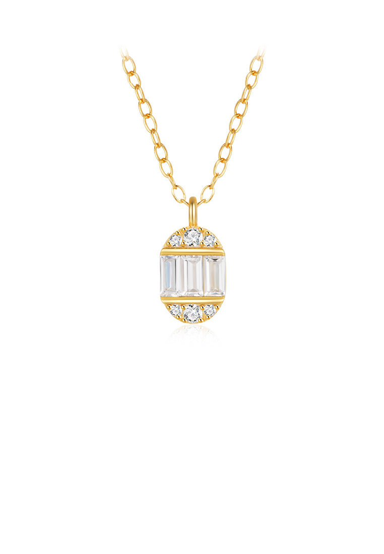 925 Sterling Silver Plated Gold Simple and Fashion Geometric Oval Pendant with Cubic Zirconia and Necklace - Luxurious Look