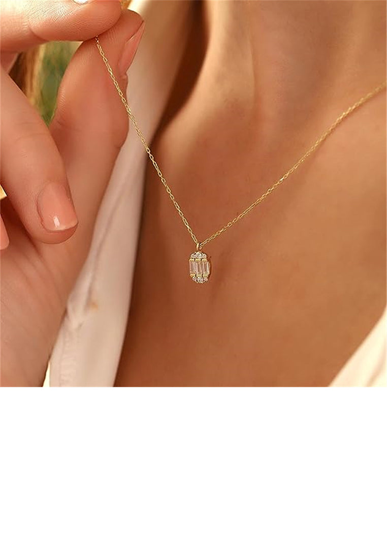 925 Sterling Silver Plated Gold Simple and Fashion Geometric Oval Pendant with Cubic Zirconia and Necklace - Luxurious Look