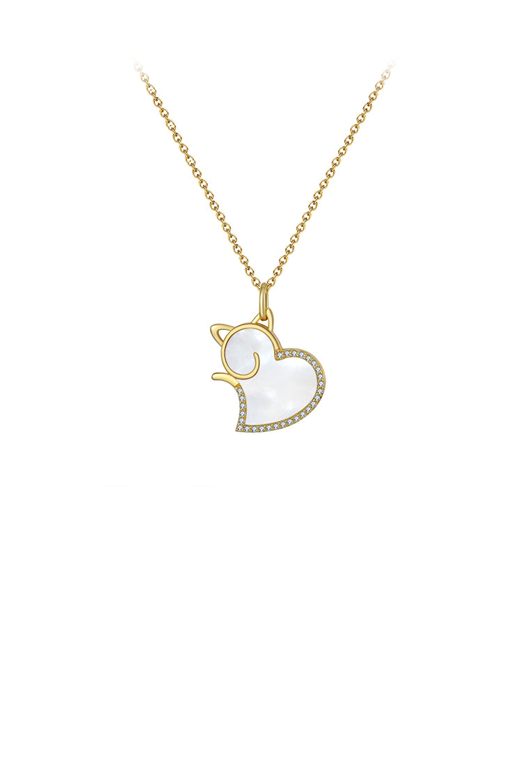 925 Sterling Silver Plated Gold Simple Cute Heart Cat Shell Pendant with Cubic Zirconia and Necklace - Luxurious Look