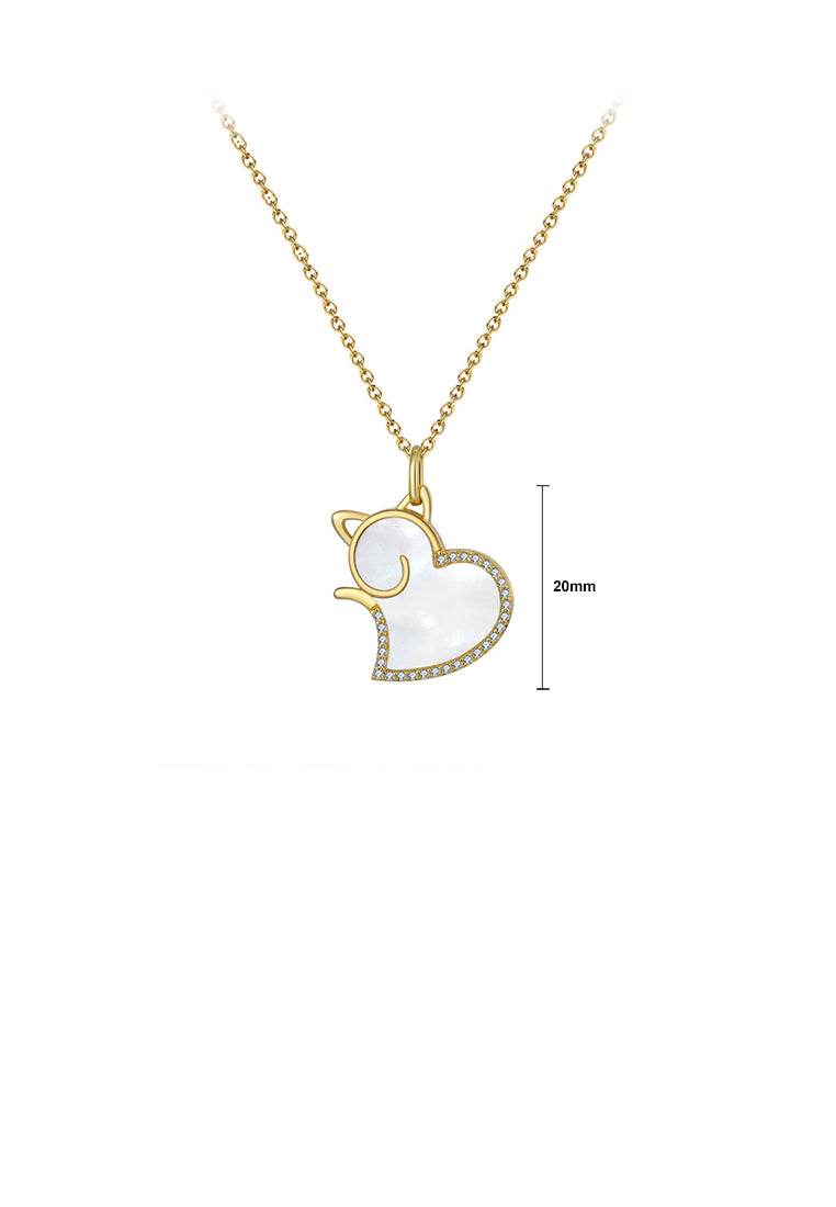 925 Sterling Silver Plated Gold Simple Cute Heart Cat Shell Pendant with Cubic Zirconia and Necklace - Luxurious Look