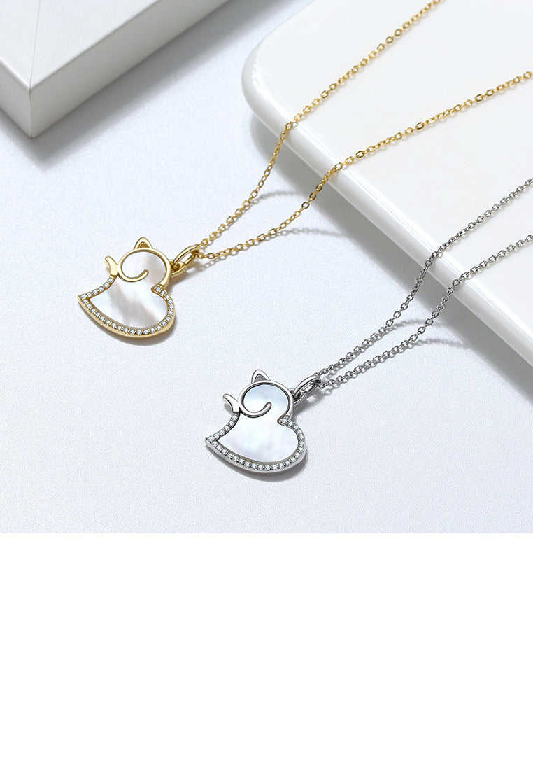 925 Sterling Silver Plated Gold Simple Cute Heart Cat Shell Pendant with Cubic Zirconia and Necklace - Luxurious Look