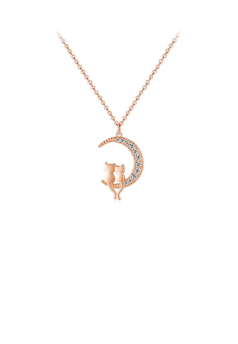 925 Sterling Silver Plated Rose Gold Fashion Cute Double Cat Moon Pendant with Cubic Zirconia and Necklace - Luxurious Look