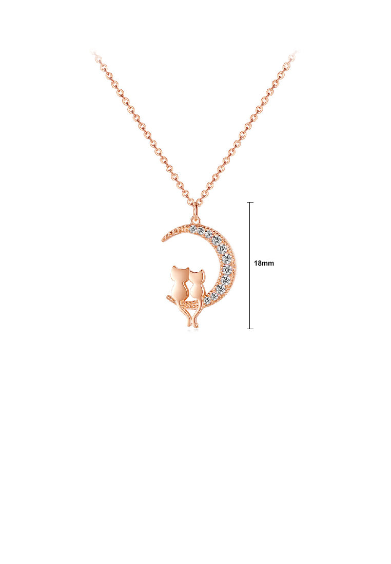925 Sterling Silver Plated Rose Gold Fashion Cute Double Cat Moon Pendant with Cubic Zirconia and Necklace - Luxurious Look