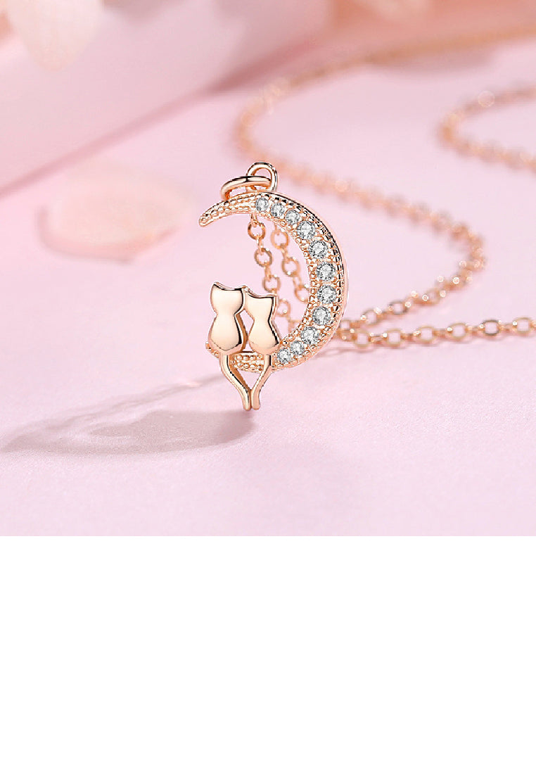 925 Sterling Silver Plated Rose Gold Fashion Cute Double Cat Moon Pendant with Cubic Zirconia and Necklace - Luxurious Look
