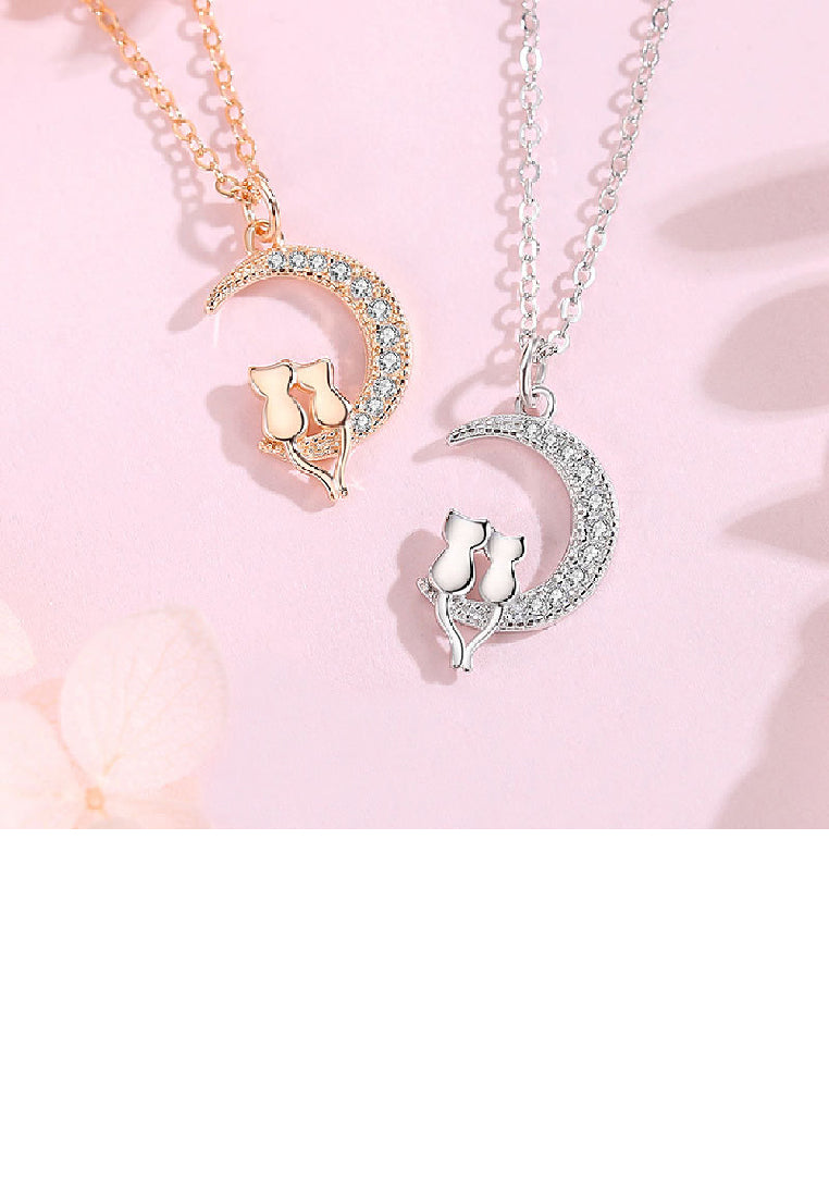 925 Sterling Silver Plated Rose Gold Fashion Cute Double Cat Moon Pendant with Cubic Zirconia and Necklace - Luxurious Look
