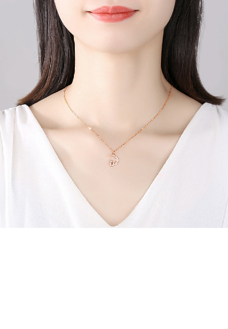 925 Sterling Silver Plated Rose Gold Fashion Cute Double Cat Moon Pendant with Cubic Zirconia and Necklace - Luxurious Look